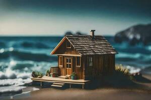 een miniatuur houten huis Aan de strand door de oceaan. ai-gegenereerd foto