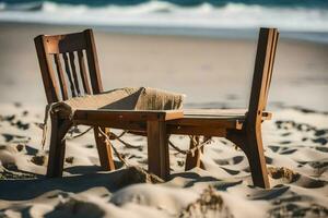 twee stoelen zittend Aan de zand in voorkant van de oceaan. ai-gegenereerd foto