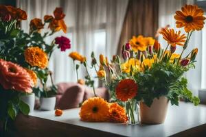 oranje bloemen in vazen Aan een tafel. ai-gegenereerd foto