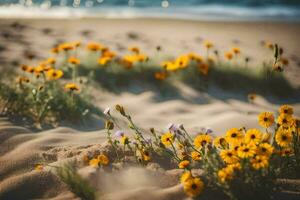 geel bloemen Aan de strand. ai-gegenereerd foto