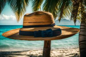 een hoed Aan een stok in de buurt de strand. ai-gegenereerd foto