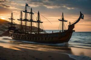 een piraat schip Aan de strand Bij zonsondergang. ai-gegenereerd foto