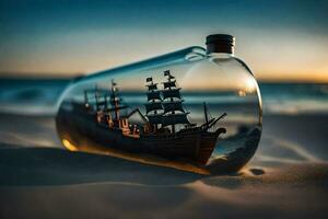 schip in een fles Aan de strand. ai-gegenereerd foto