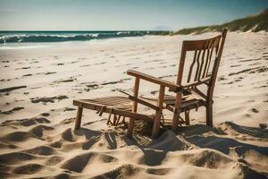 een houten stoel zit Aan de zand in de buurt de oceaan. ai-gegenereerd foto