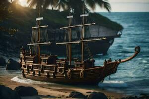 een model- van een piraat schip Aan de strand. ai-gegenereerd foto