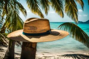 een hoed zit Aan een palm boom Aan de strand. ai-gegenereerd foto
