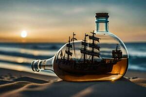 een schip in een fles Aan de strand Bij zonsondergang. ai-gegenereerd foto