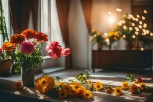 bloemen in vazen Aan een tafel in voorkant van een venster. ai-gegenereerd foto