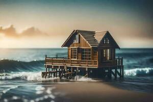 een klein houten huis Aan de strand. ai-gegenereerd foto