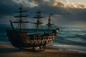 een model- piraat schip zit Aan de strand. ai-gegenereerd foto