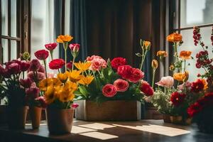 bloemen in vazen Aan een vensterbank. ai-gegenereerd foto