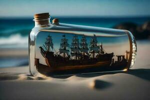 een schip in een fles Aan de strand. ai-gegenereerd foto