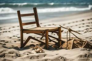 een stoel zit Aan de zand in de buurt de oceaan. ai-gegenereerd foto