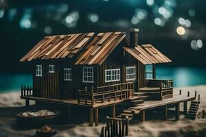 een houten huis Aan de strand met een bokeh effect. ai-gegenereerd foto