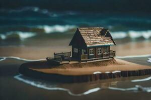 een miniatuur huis Aan een klein eiland in de oceaan. ai-gegenereerd foto