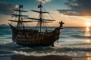een piraat schip is het zeilen Aan de oceaan Bij zonsondergang. ai-gegenereerd foto