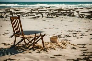 een stoel en emmer Aan de strand. ai-gegenereerd foto