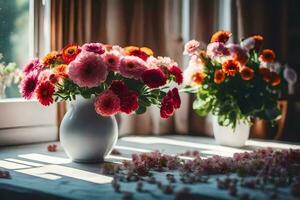 twee vazen van bloemen zittend Aan een tafel in de buurt een venster. ai-gegenereerd foto
