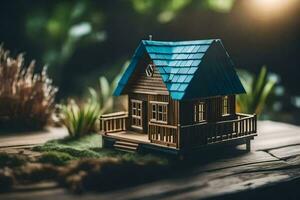 een miniatuur huis Aan een houten tafel. ai-gegenereerd foto