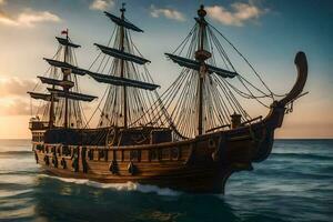 een piraat schip in de oceaan Bij zonsondergang. ai-gegenereerd foto