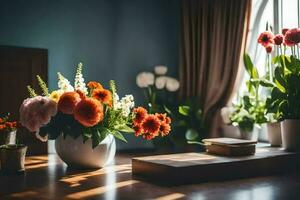 bloemen in vazen Aan een tafel in voorkant van een venster. ai-gegenereerd foto