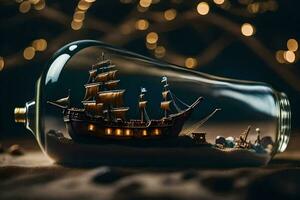 een schip in een fles met lichten. ai-gegenereerd foto