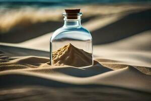 bericht in een fles in de zand. ai-gegenereerd foto