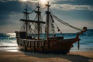 een houten schip Aan de strand Bij zonsondergang. ai-gegenereerd foto