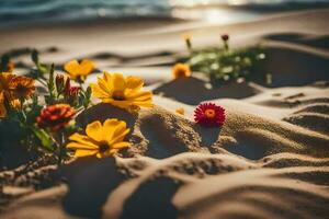 bloemen Aan de strand behang. ai-gegenereerd foto