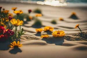 foto behang de strand, bloemen, zand, zon, bloemen, zand, bloemen, bloemen,. ai-gegenereerd