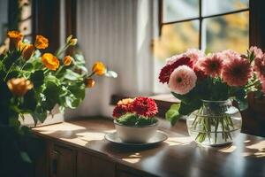 bloemen in vazen Aan een vensterbank. ai-gegenereerd foto