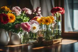 bloemen in vazen Aan een tafel. ai-gegenereerd foto