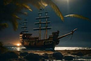 een piraat schip Aan de strand Bij nacht. ai-gegenereerd foto