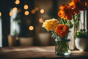 bloemen in een vaas Aan een tafel. ai-gegenereerd foto