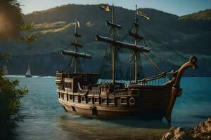 een piraat schip is het zeilen in de oceaan. ai-gegenereerd foto