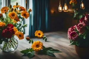 bloemen in vazen Aan een houten tafel. ai-gegenereerd foto