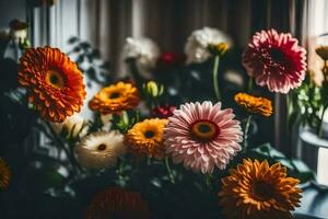 bloemen in een vaas Aan een tafel. ai-gegenereerd foto