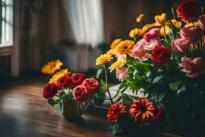 bloemen in vaas Aan tafel in voorkant van venster. ai-gegenereerd foto