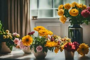 bloemen in vazen Aan een tafel in de buurt een venster. ai-gegenereerd foto