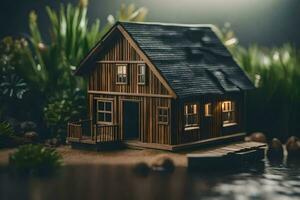 een miniatuur huis Aan een vijver omringd door gras. ai-gegenereerd foto