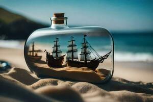 schip in een fles Aan de strand. ai-gegenereerd foto