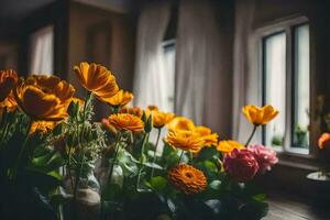 oranje bloemen in vazen Aan een tafel in voorkant van een venster. ai-gegenereerd foto