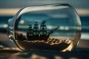 een schip in een fles Aan de strand. ai-gegenereerd foto