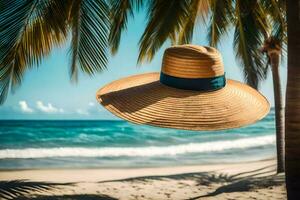 een hoed Aan de strand met palm bomen. ai-gegenereerd foto