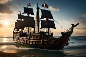 een piraat schip is het zeilen Aan de oceaan. ai-gegenereerd foto