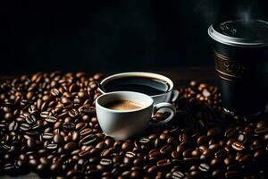 koffie bonen en een kop van koffie. ai-gegenereerd foto