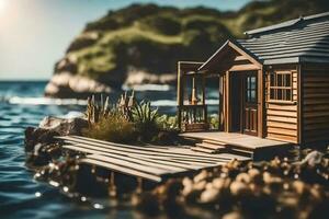 een miniatuur houten huis Aan de water. ai-gegenereerd foto