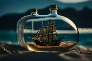 schip in een fles, zand, strand, zand, strand, zand, strand, zand,. ai-gegenereerd foto