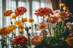 bloemen in een vaas in voorkant van een venster. ai-gegenereerd foto