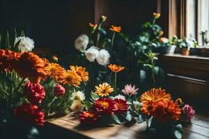 bloemen Aan een tafel in voorkant van een venster. ai-gegenereerd foto